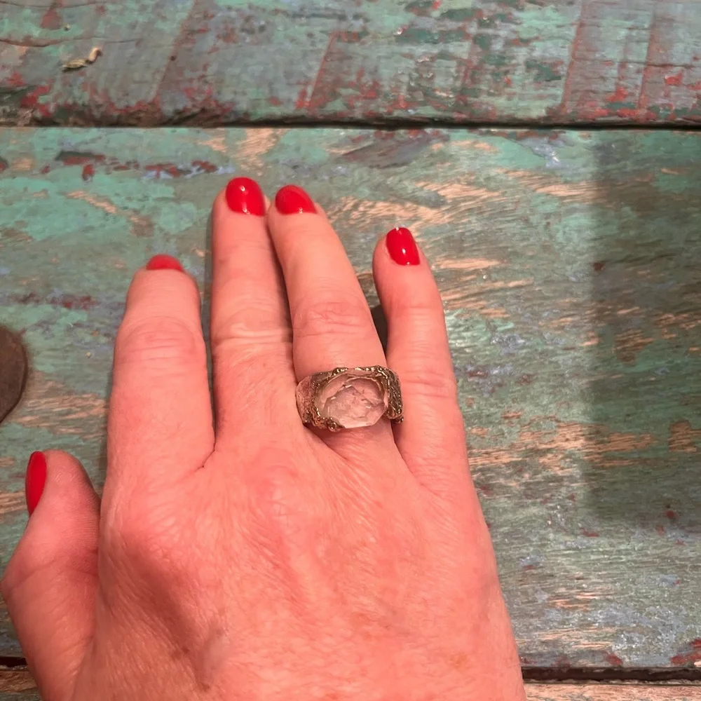 Talisman Ring - silver ring with Herkimer diamond in gold-plated setting. Size 8 - Picture 3 of 9